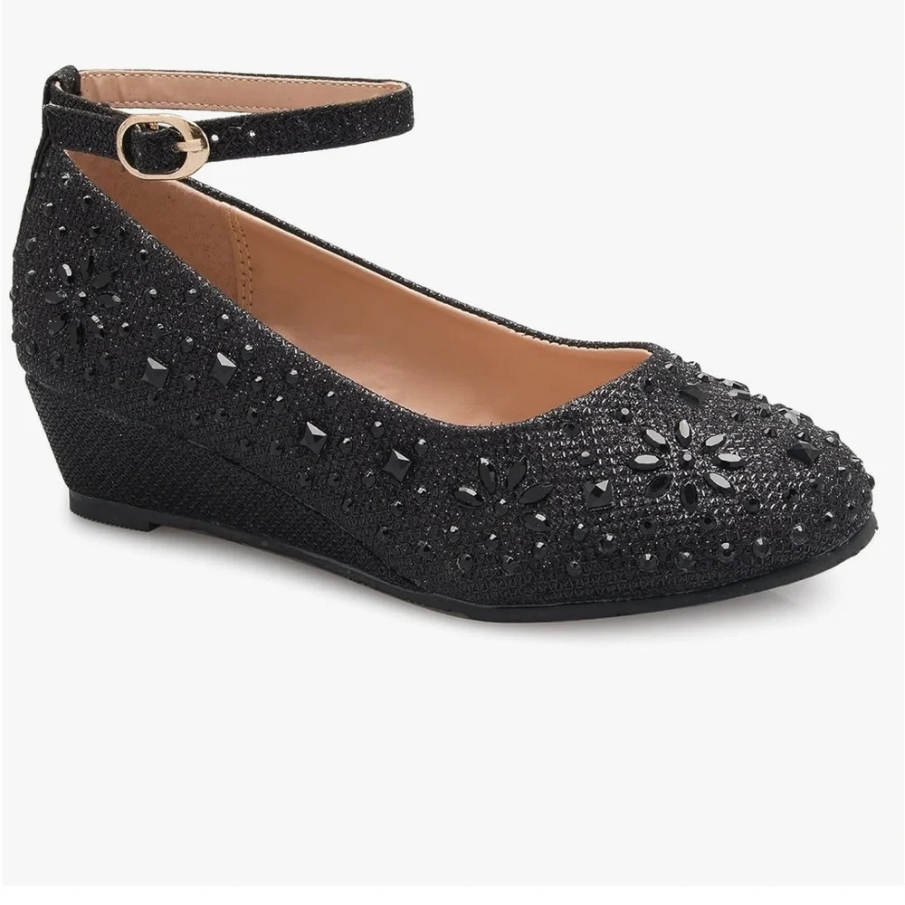 🎀 OLIVIA K Girls SZ 3 “NEW” Black glitter Rhinestone wedges w side ankle Straps